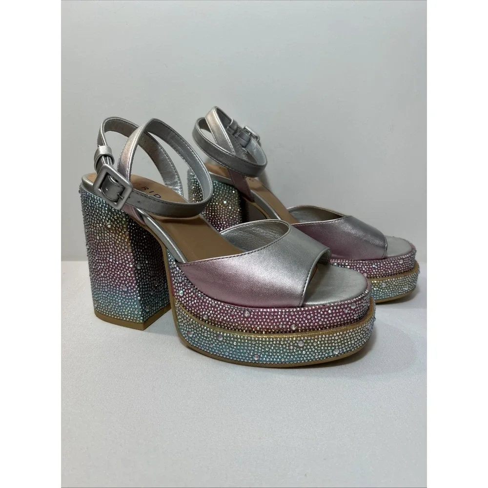 Torrid Rainbow Double Platform Heel Sandal 9 Pride Pastel Rhinestone Holographic